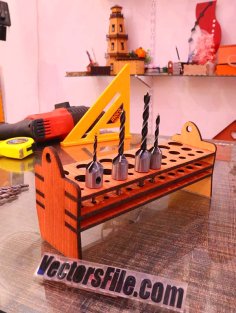 Laser Cut Wooden Drill Bit Holder Stand Plywood Tools Organizer CDR and DXF File