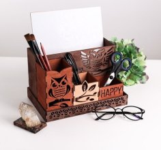 Laser Cut Wooden Owls Desktop Organizer Pen Holder Stand CDR File