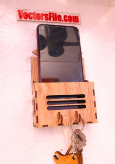 Laser Cut Wooden Wall Mounted Mobile Holder with Key Hook DXF and CDR File