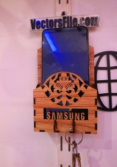 Laser Cut Wooden Wall Mounted Mobile Phone Holder with Key Organizer DXF and CDR File